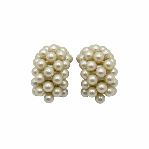 Cluster Faux Pearl Statement Earrings Vintage Style Cream Pearl Studs - Picture 2 of 3